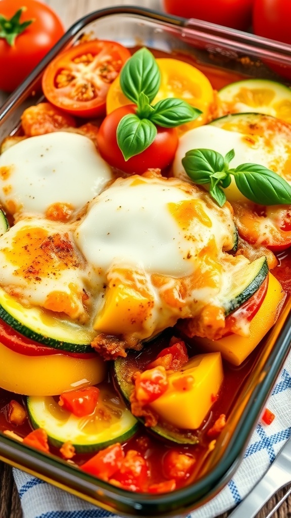 A baked dish of zucchini, yellow squash, and tomatoes topped with melted cheese and fresh basil.